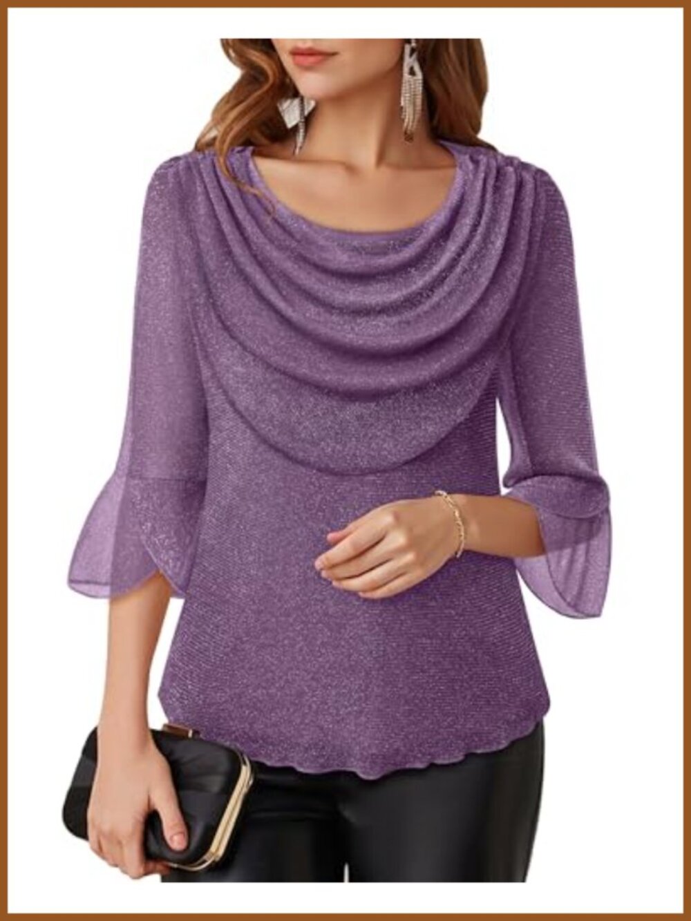 Glittery Cowl Neck Blouse 3/4 Ruffle Sleeve Dressy Evening Top